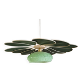 Suspension Fleur en Rotin et Lin Vert et Globe vintage en verre de Clichy