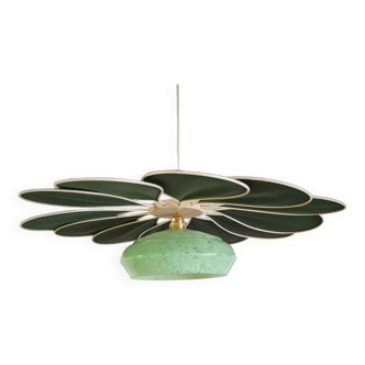 Suspension Fleur en Rotin et Lin Vert et Globe vintage en verre de Clichy