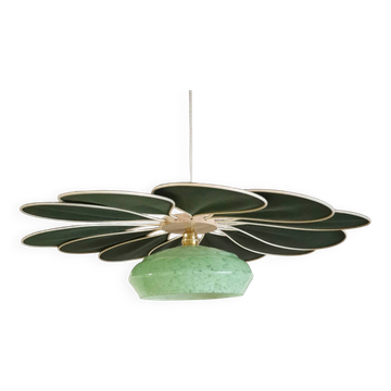 Rattan and Green Linen Flower Pendant Light and Vintage Clichy Glass Globe