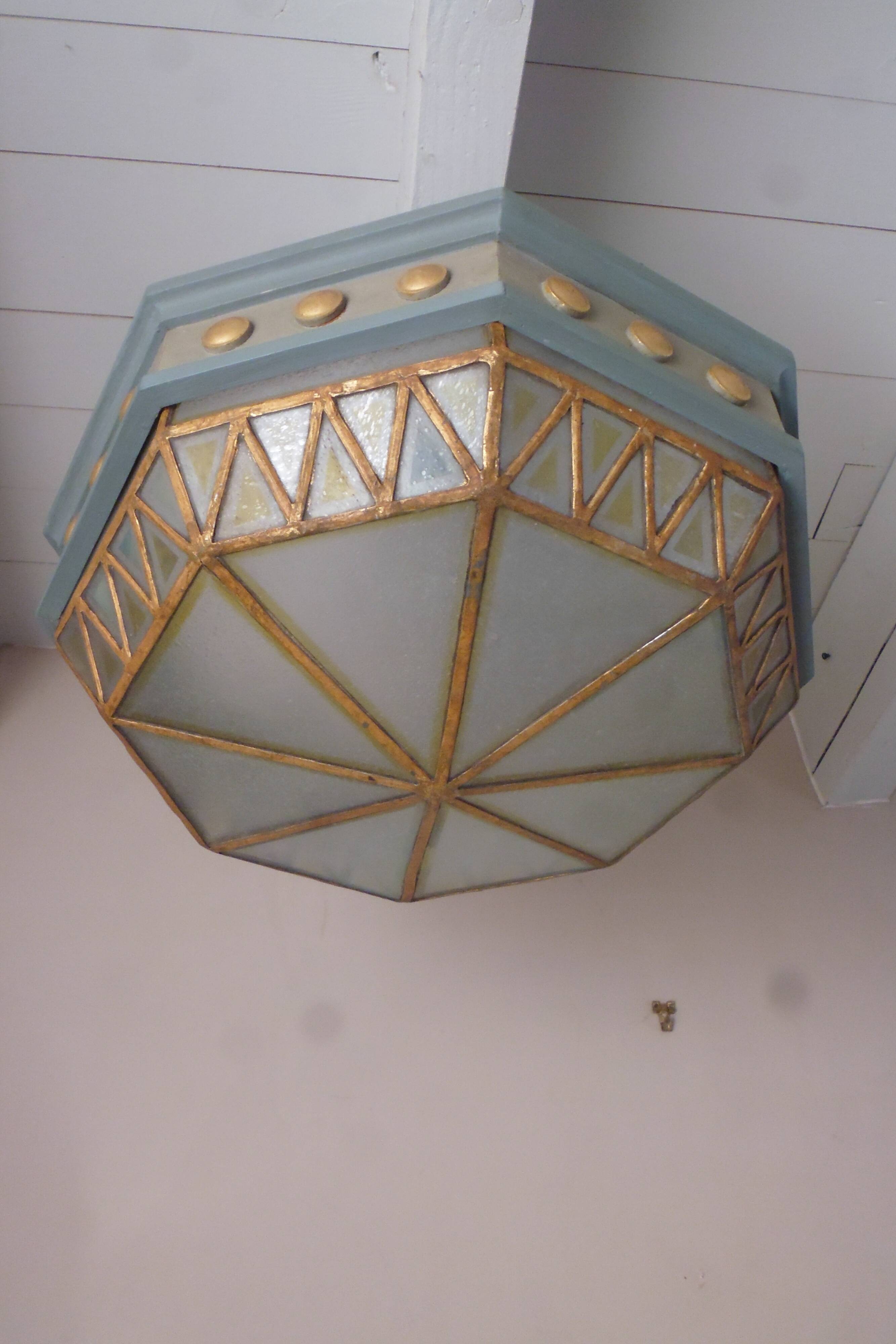 Large octagonal ceiling art deco wood and 1940s bubbled glass