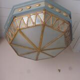 Large octagonal ceiling art deco wood and 1940s bubbled glass