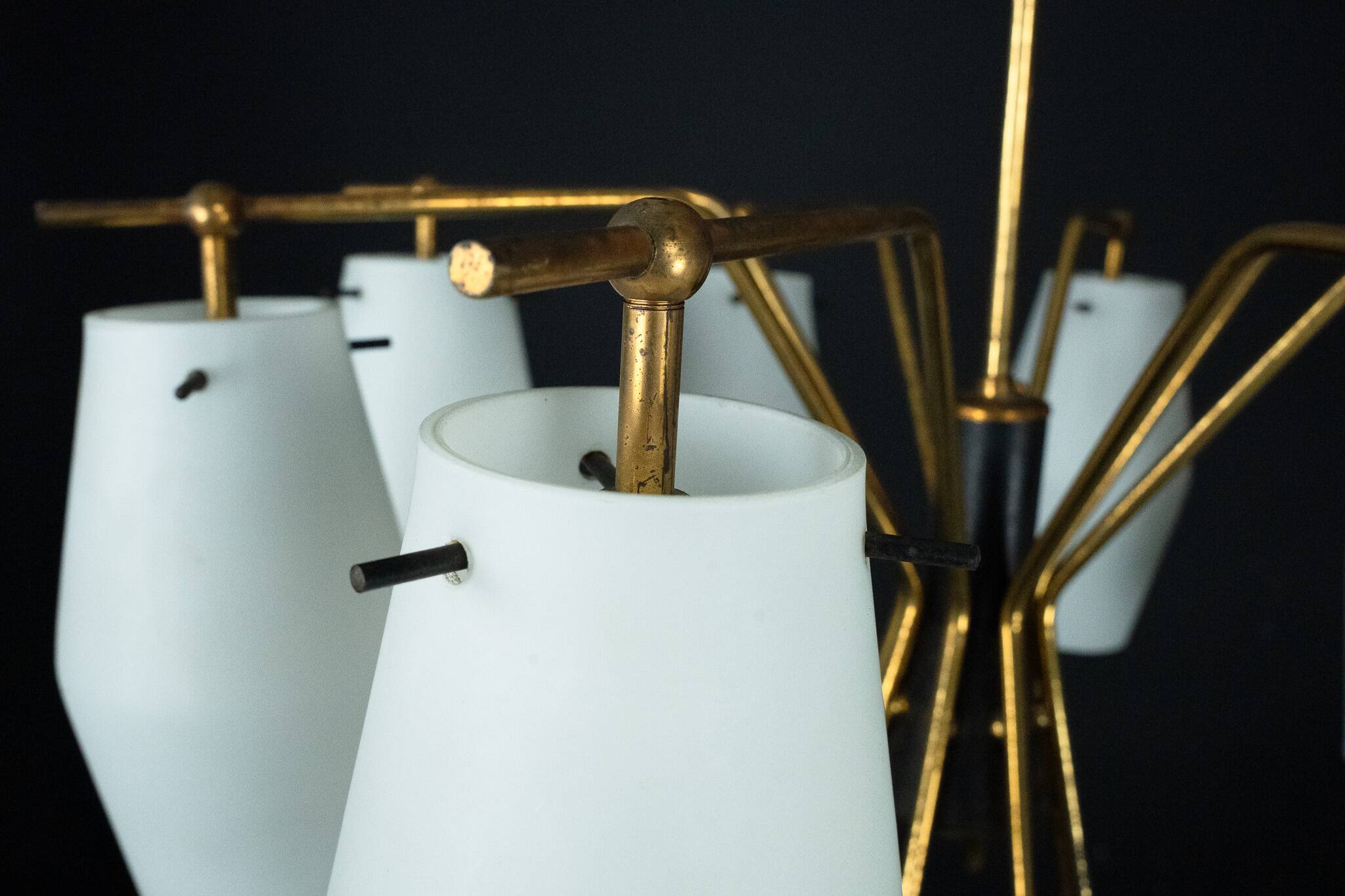 Mid-century chandelier with eight opaline glass shades