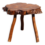 French Vintage Brutalist Tree Trunk Elm Wood Stool-Side Table-50s