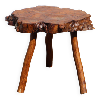 French Vintage Brutalist Tree Trunk Elm Wood Stool-Side Table-50s