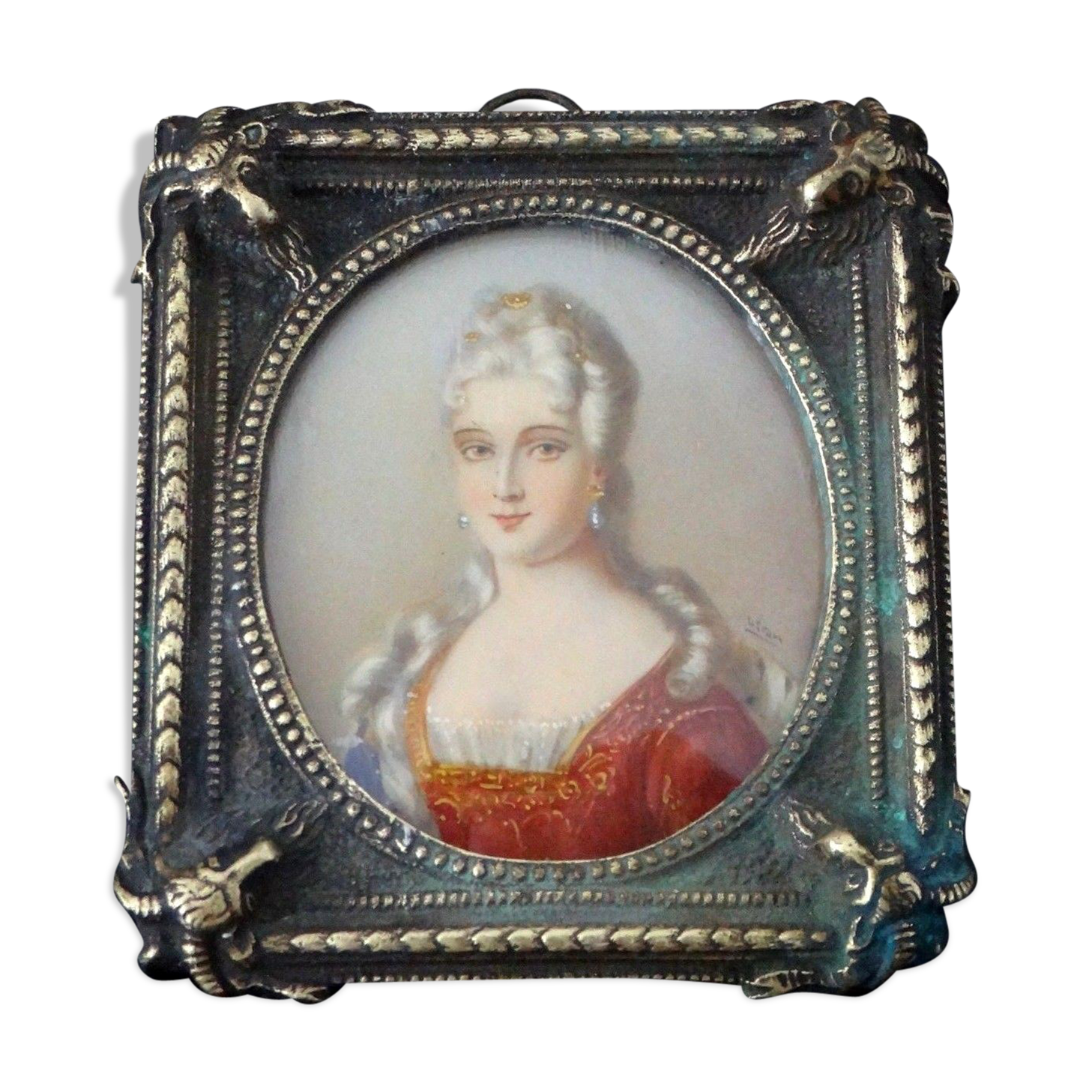Portrait à l'huile peinture Marie Antoinette cadre bronze bélier miniature signé XVIII