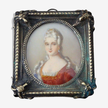 Portrait à l'huile peinture Marie Antoinette cadre bronze bélier miniature signé XVIII