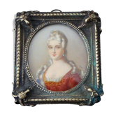 Portrait à l'huile peinture Marie Antoinette cadre bronze bélier miniature signé XVIII