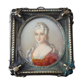Portrait in oil painting Marie Antoinette frame bronze miniature ram signed XVIII