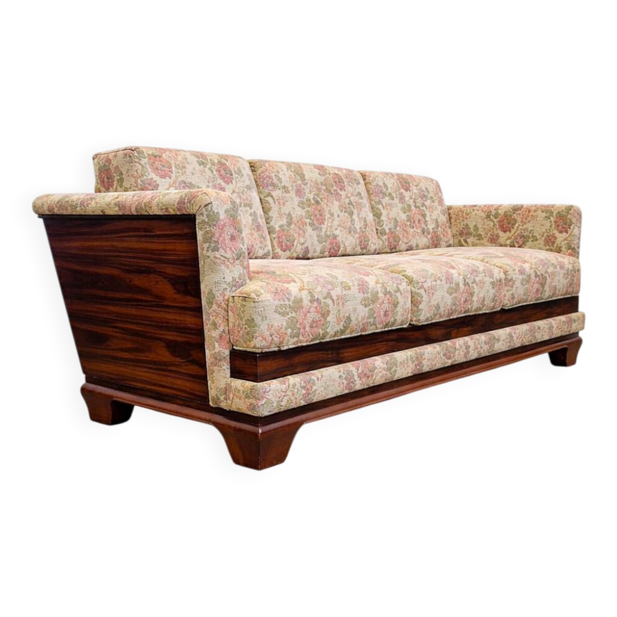 Macassar veneer Art Deco sofa with floral fabric, Austria, 1930s.
