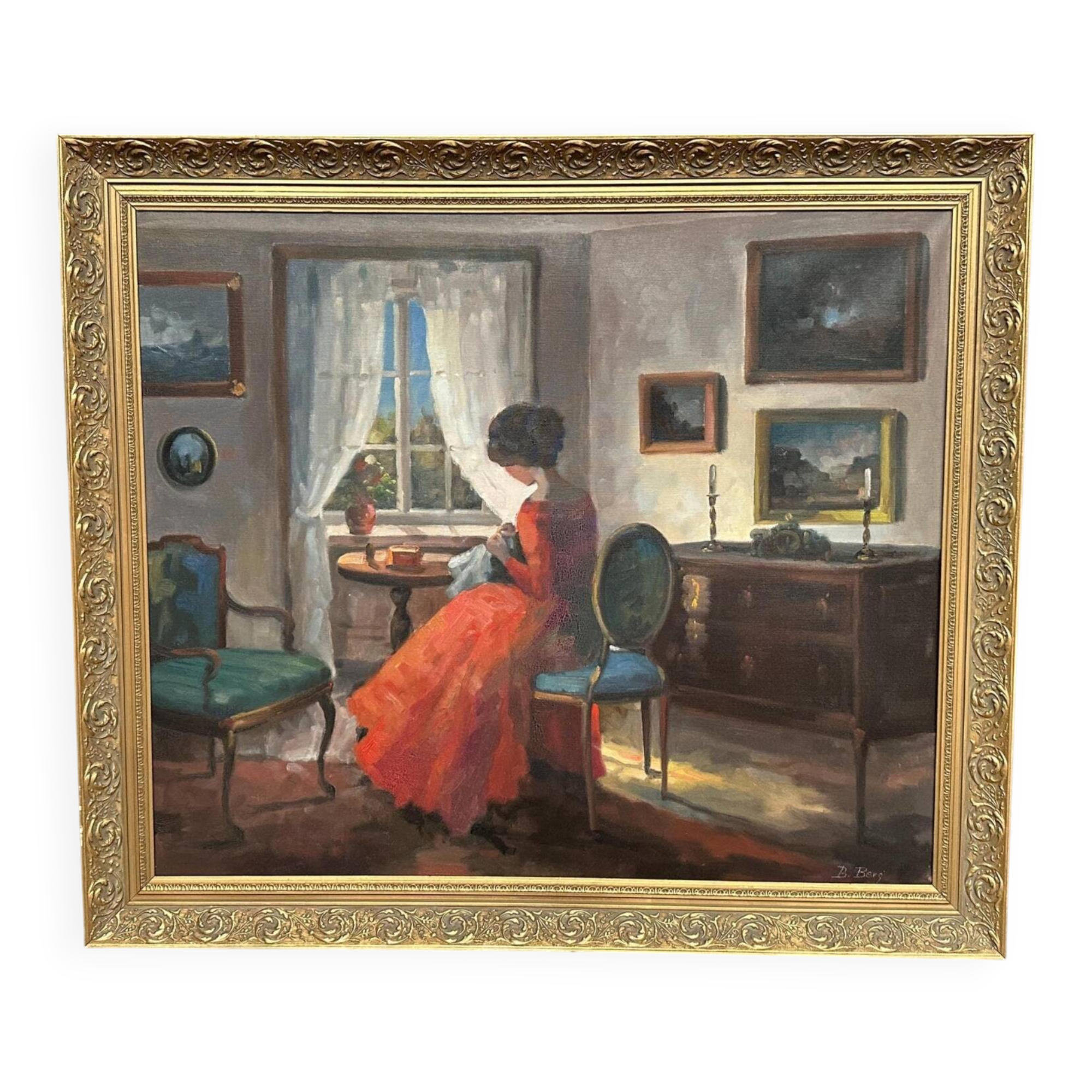 Scandinavian Oil on Canvas – Interior Scene by Bente Berg – Vintage