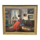 Scandinavian Oil on Canvas – Interior Scene by Bente Berg – Vintage