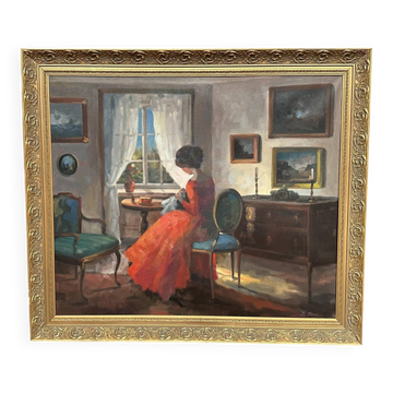 Scandinavian Oil on Canvas – Interior Scene by Bente Berg – Vintage