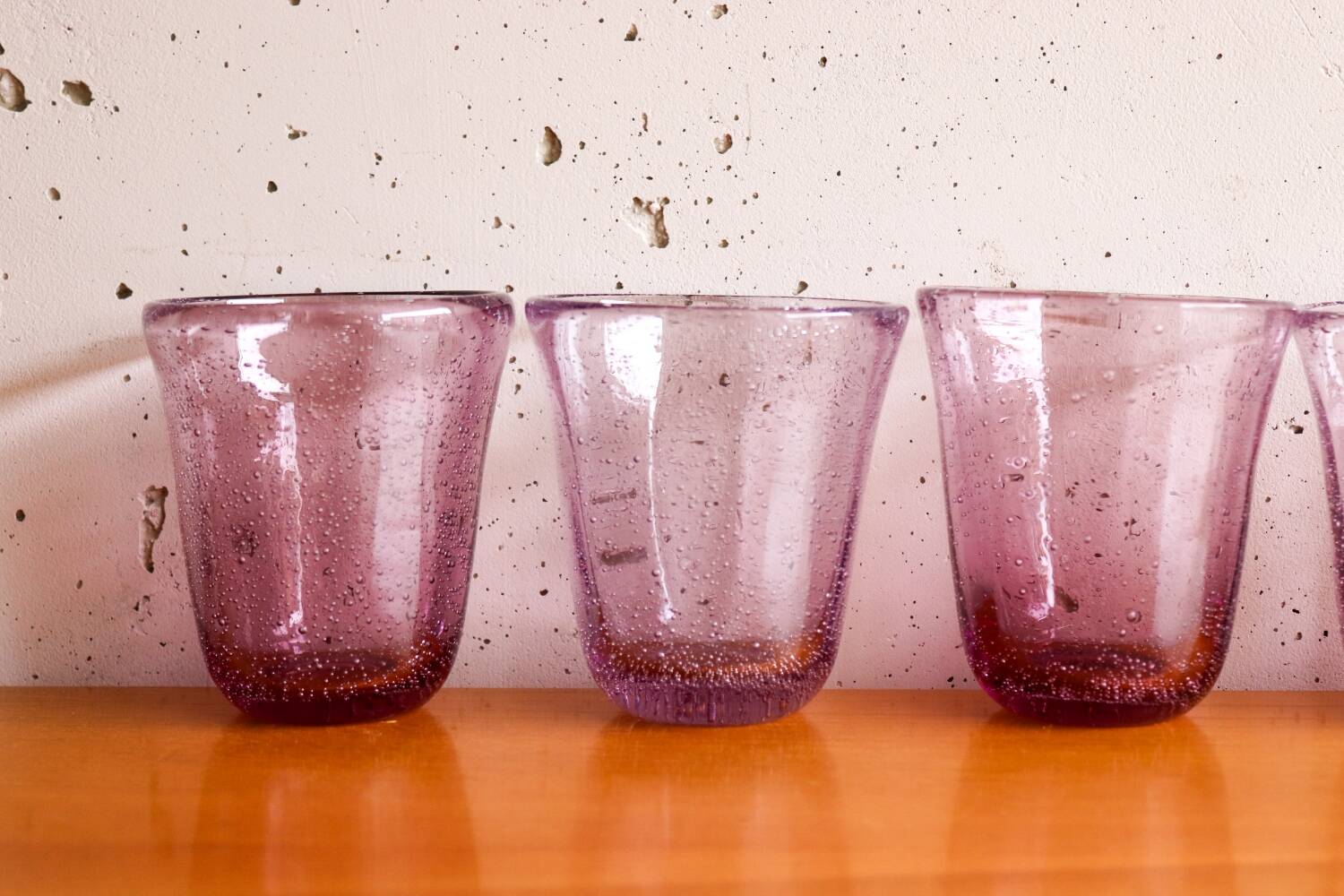 6 purple Biot bubble blown water glasses