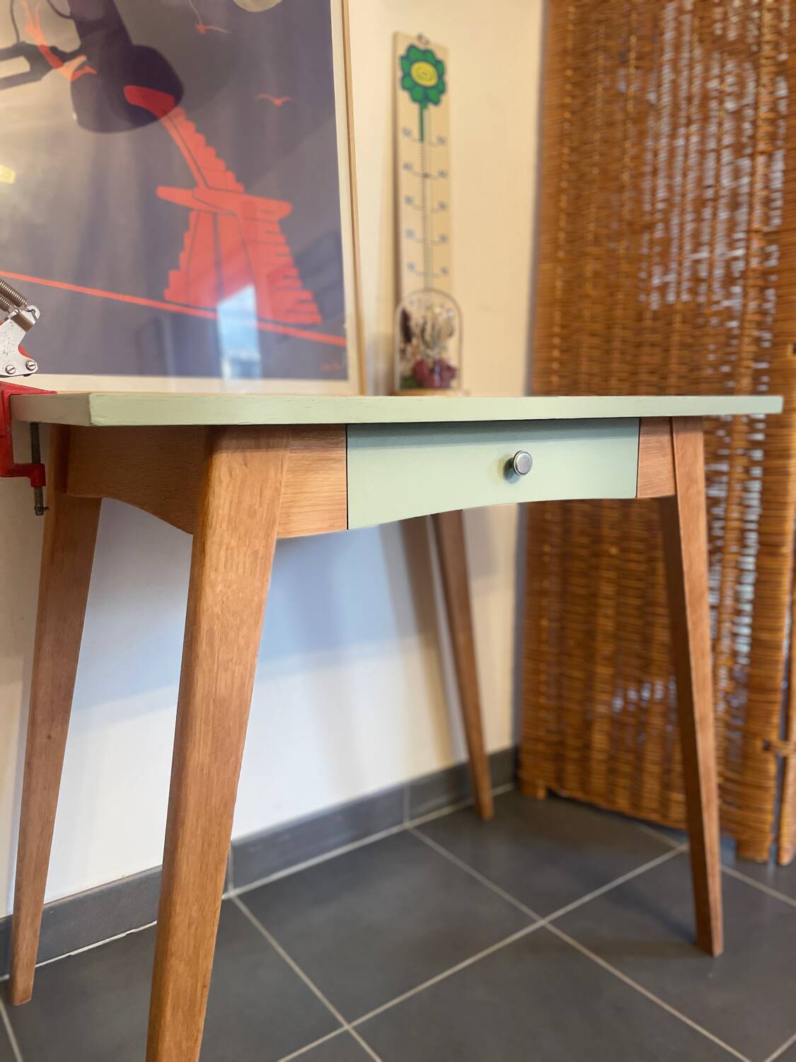 Modernized Vintage Desk – Light Wood & Sage Green