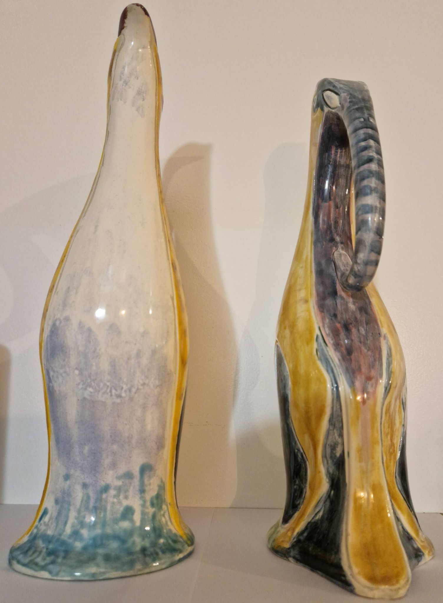 Pair of large zoomorphic pitchers in glazed ceramic, Vallauris, 1960.