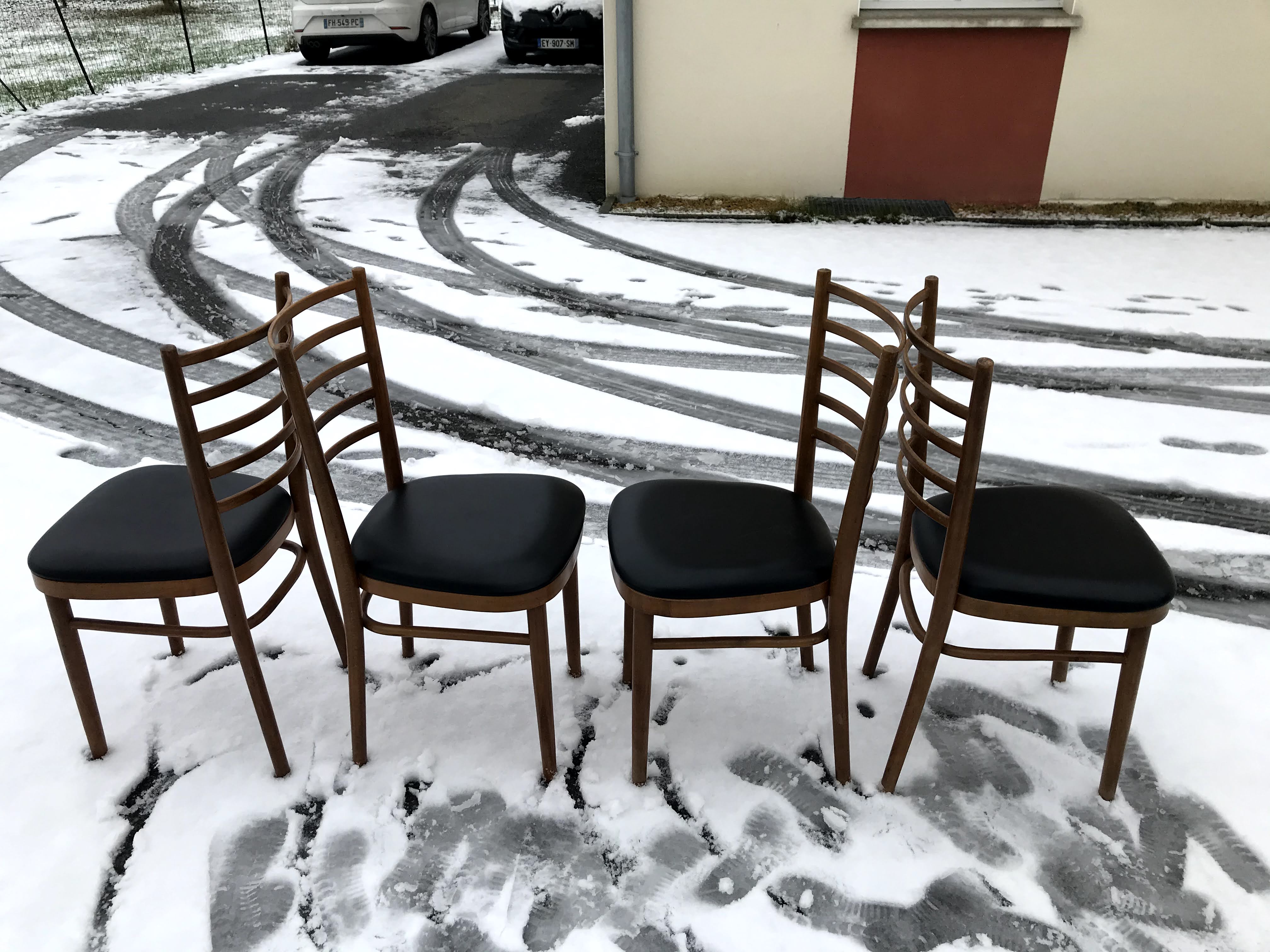 Vintage 60s slatted chairs and leatherette