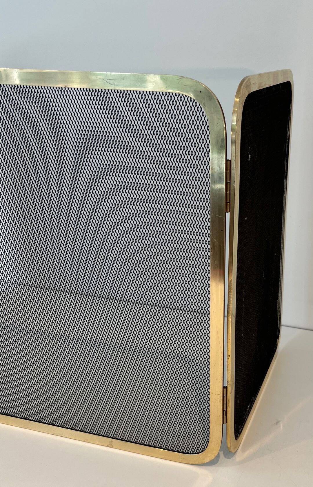 Three-Panel Folding Fire Screen in Polished Brass and Steel Mesh