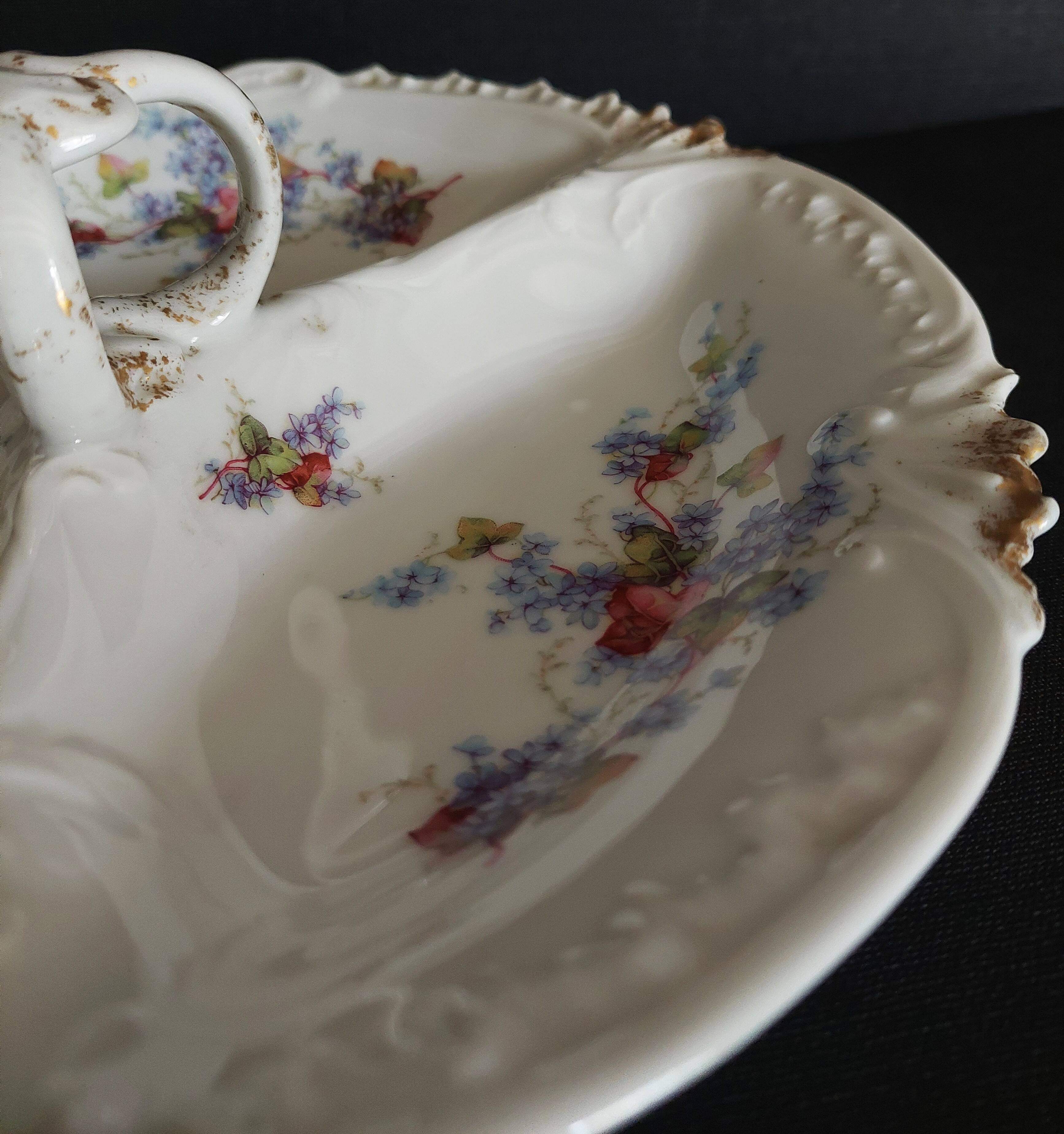 Serving dish beggar porcelain flowered Limoges early 20th century