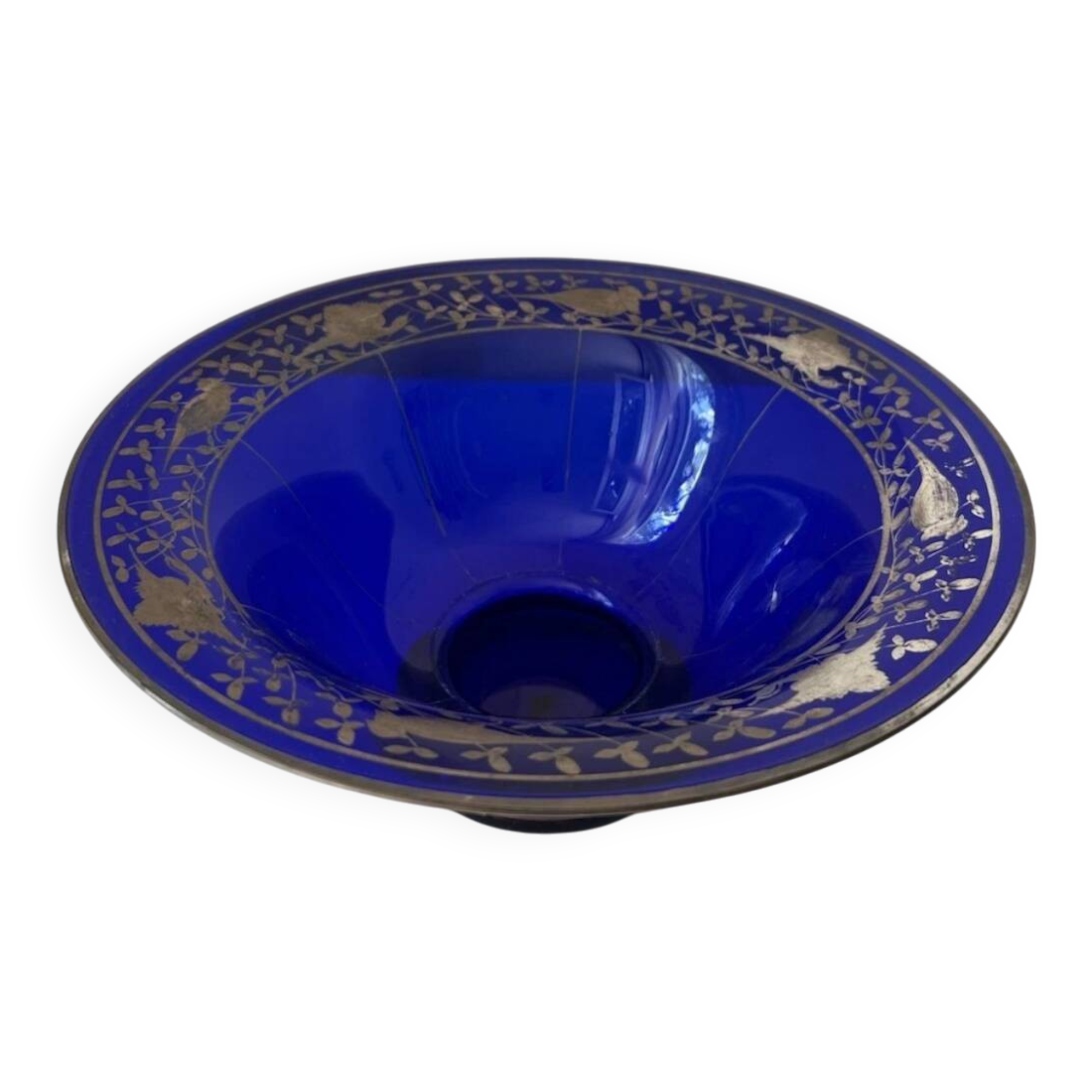 Cobalt blue glass bowl with Art Deco bird decor