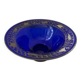 Cobalt blue glass bowl with Art Deco bird decor