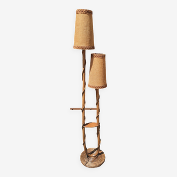 Floor lamp two lights, asymmetrical, bamboo and rattan, vintage, 70s