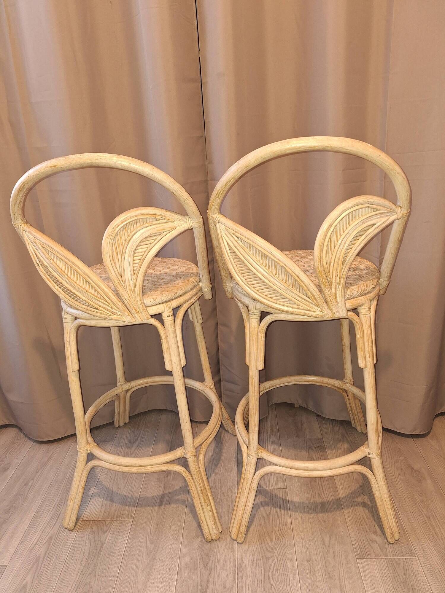 Pair of vintage high stools in rattan — 1960s — Riviera spirit