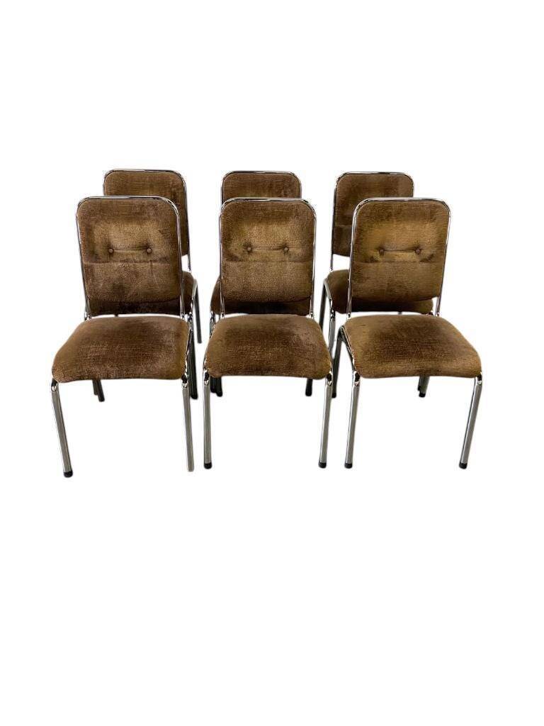 Set of 6 vintage chrome chairs with brown seats