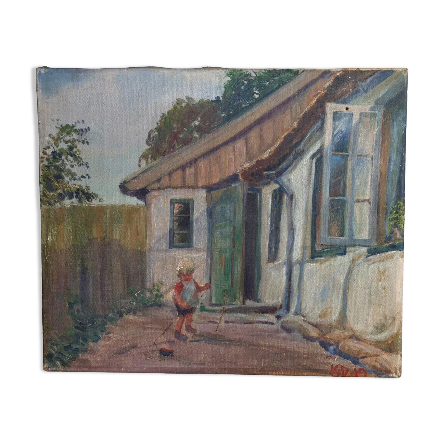 Old oil on canvas: Child playing in a courtyard, dated 1919 39x32.5 cm SB