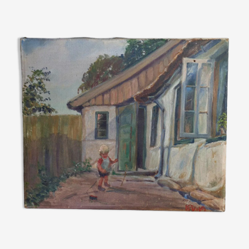 Huile sur toile enfant jouant dans une cour datée 1919 39x32,5 cm sb