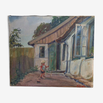 Old oil on canvas: Child playing in a courtyard, dated 1919 39x32.5 cm SB