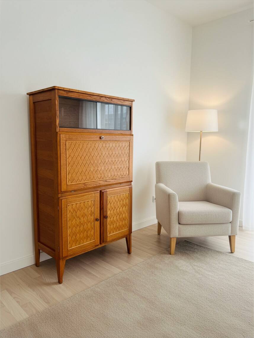 Vintage oak secretary with chestnut inlays – 1960