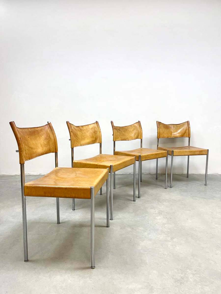 Vintage Dutch design chrome dining set leather chairs 'Minimalism'