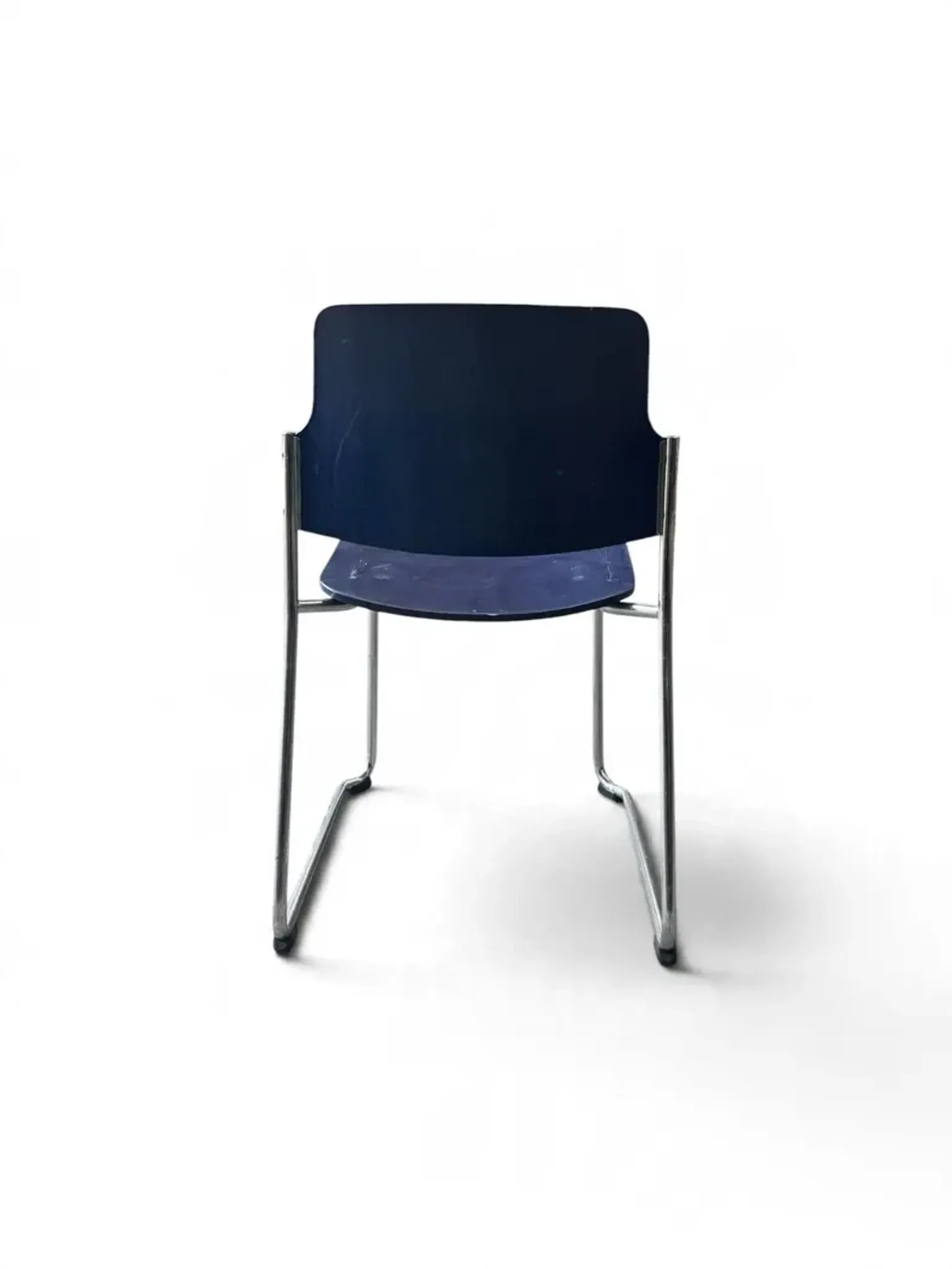 Vintage blue chairs, chrome metal structure, modern mid-century retro seats