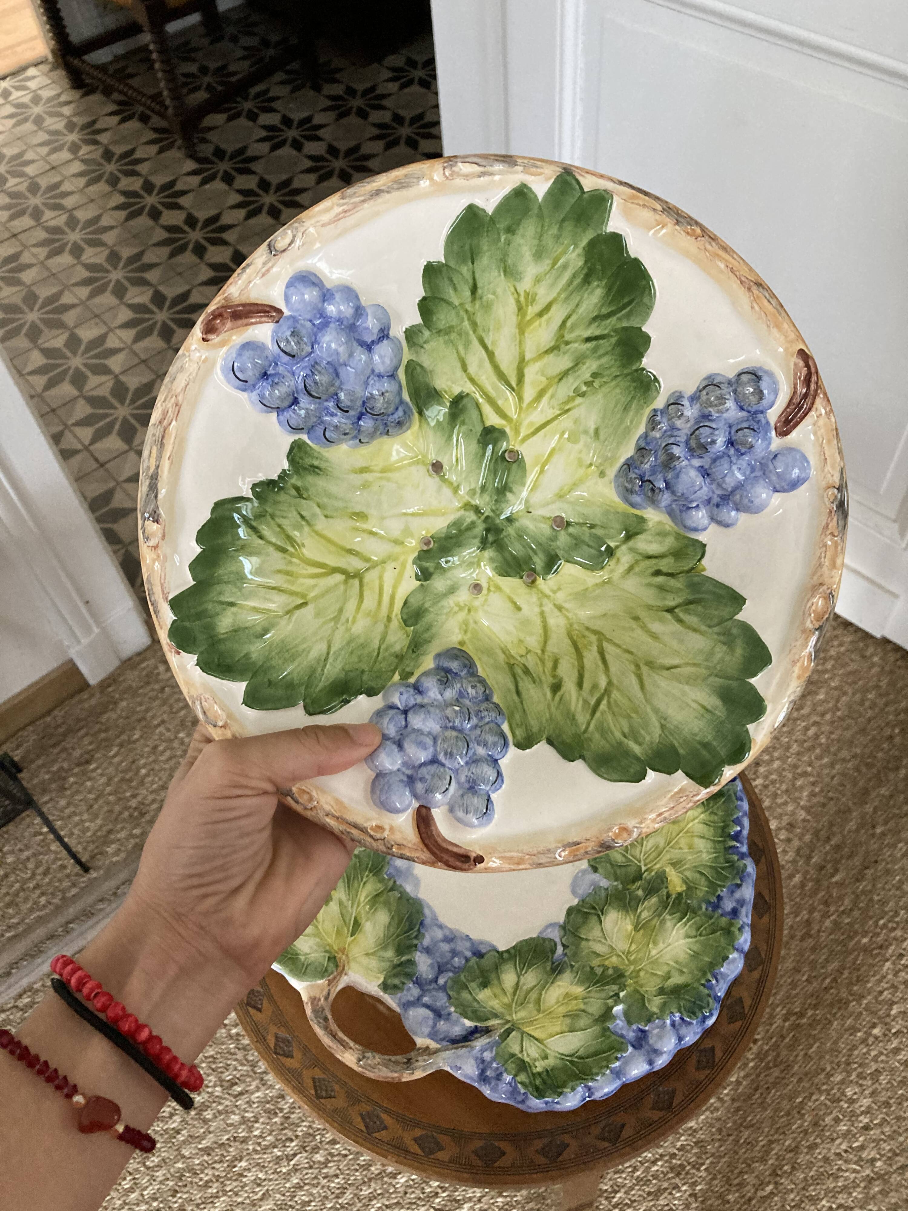 Grape slip compotier with plate - vintage majolica style ceramic drainer