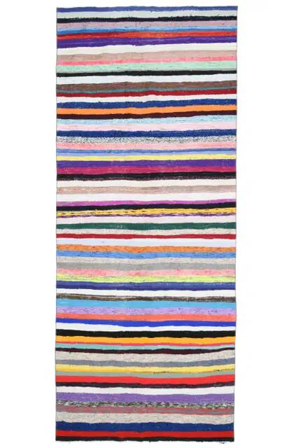 1970s Vintage Turkish Oushak Handmade Wool Cotton Blue Runner Rug 142x347