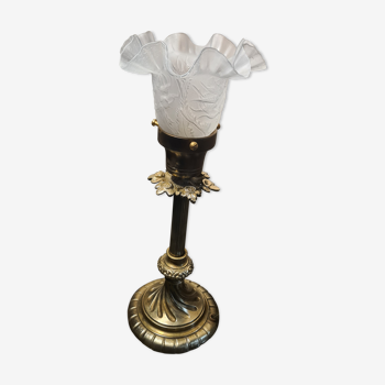 Lamp gilded bronze art nouveau, tulip blown glass with pattern