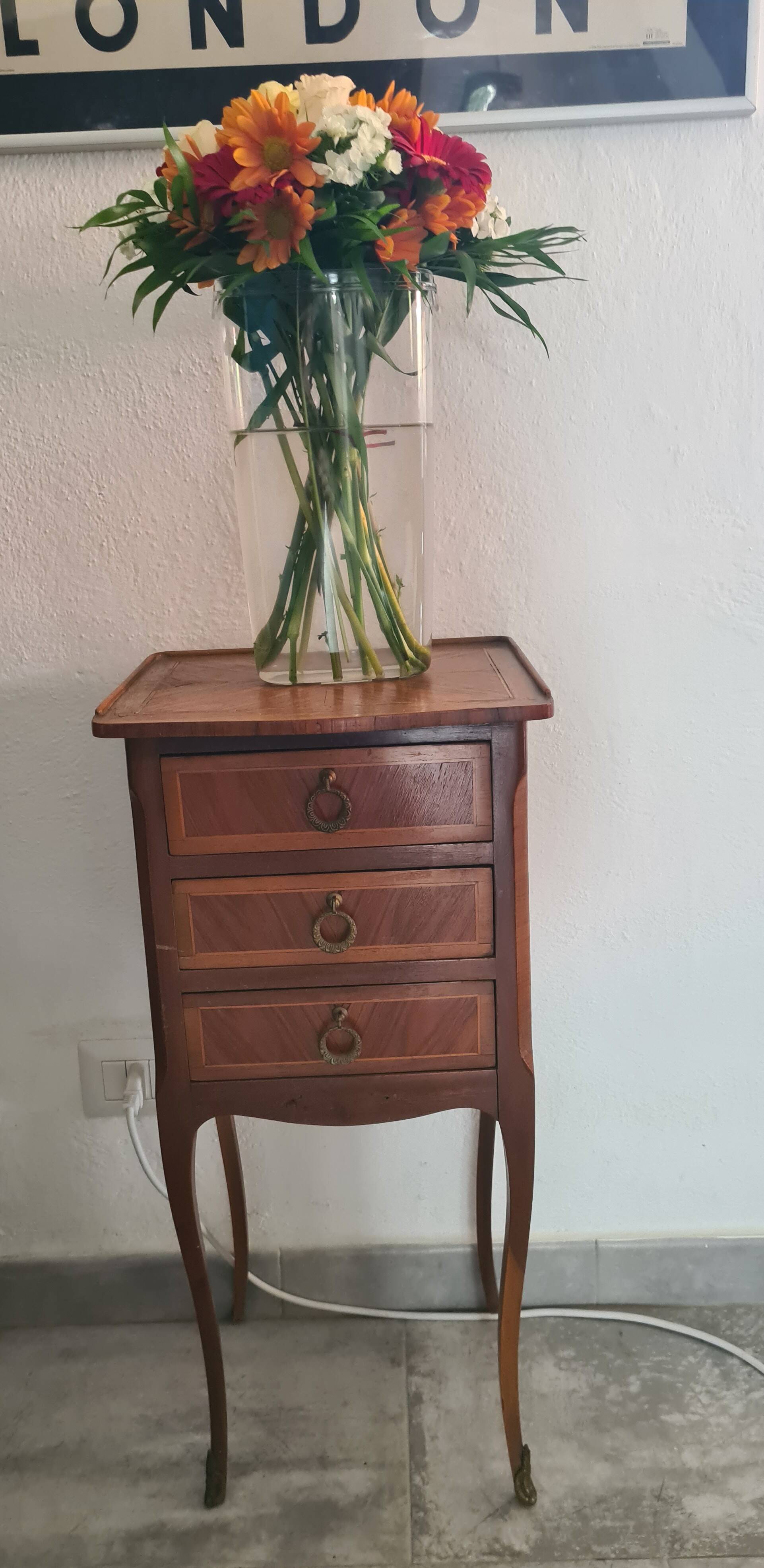 Vintage Italian Louis XV Style Side Table with 3 Drawers – Inlaid Wood & Br