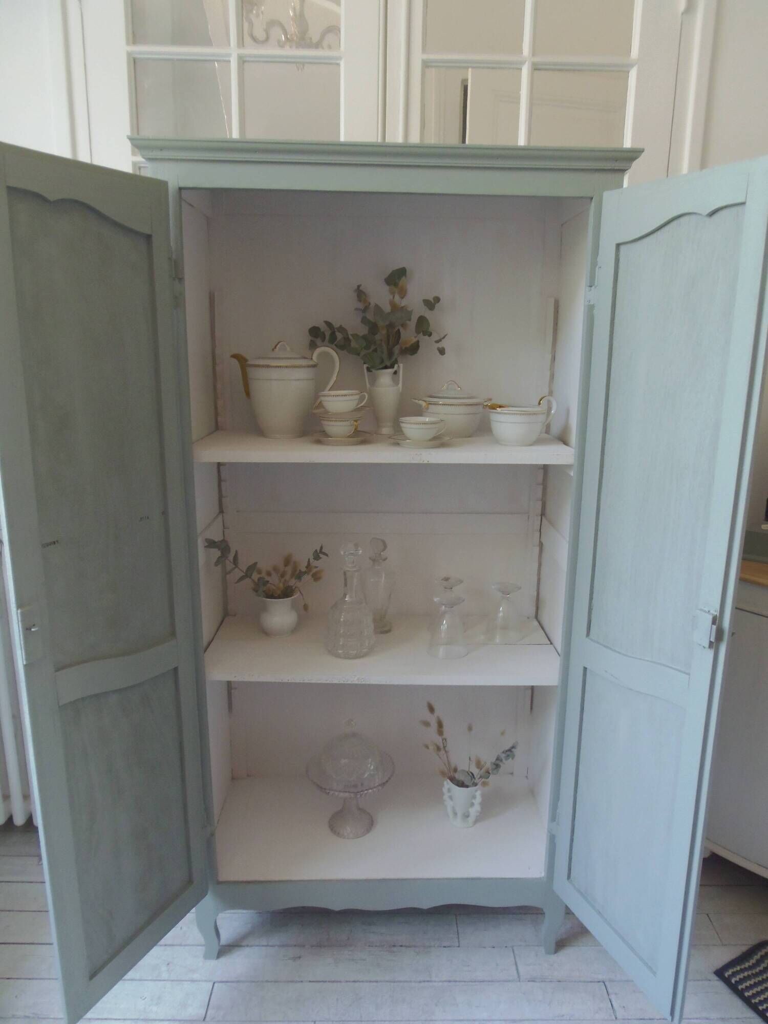 Wardrobe, dresser, vintage linen 2 doors green gray waxed finish.