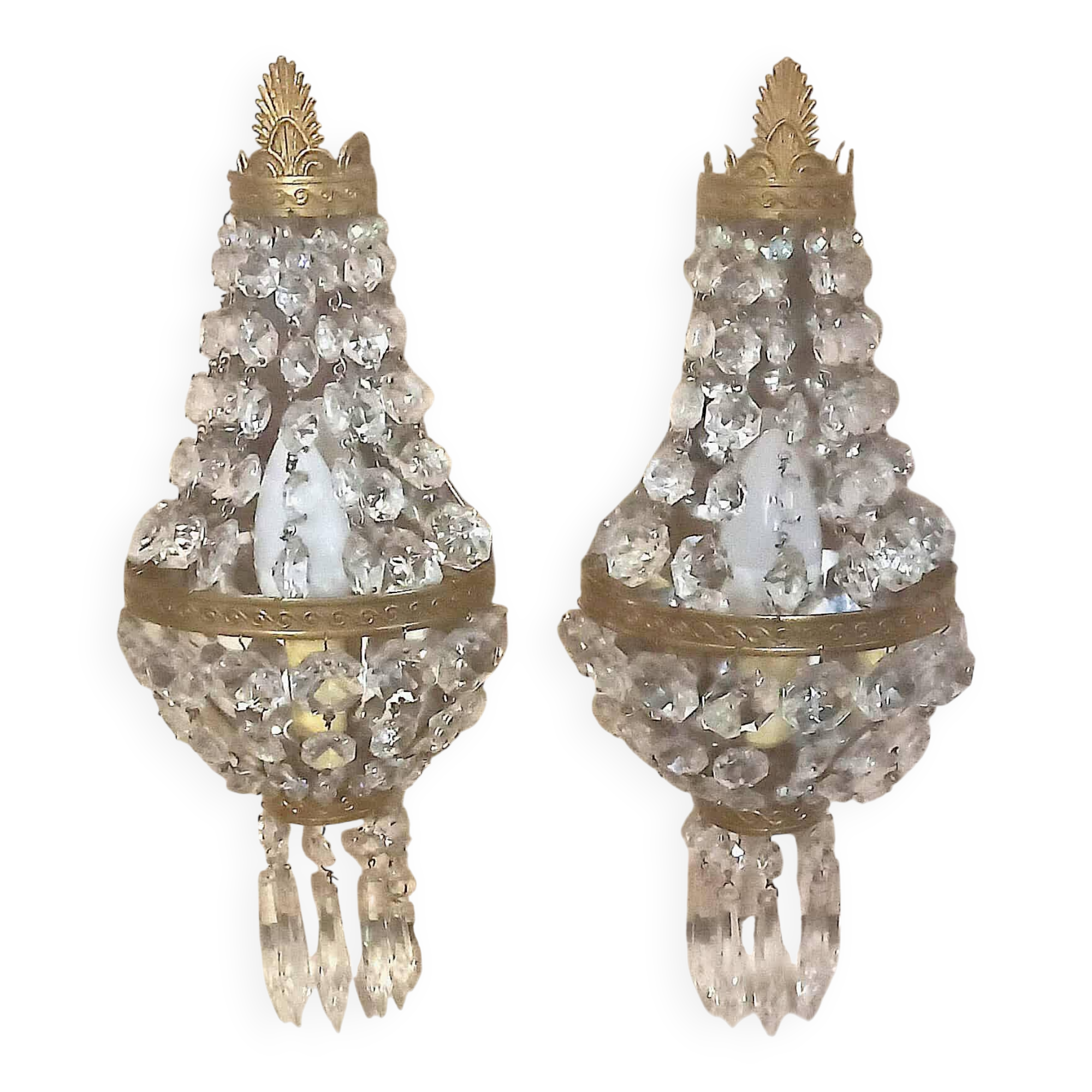 Pair of wall lights with crystal and brass tassels Height 36 cm