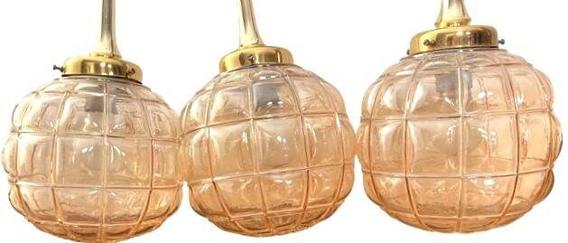 Triple Art Deco style amber glass pendant light