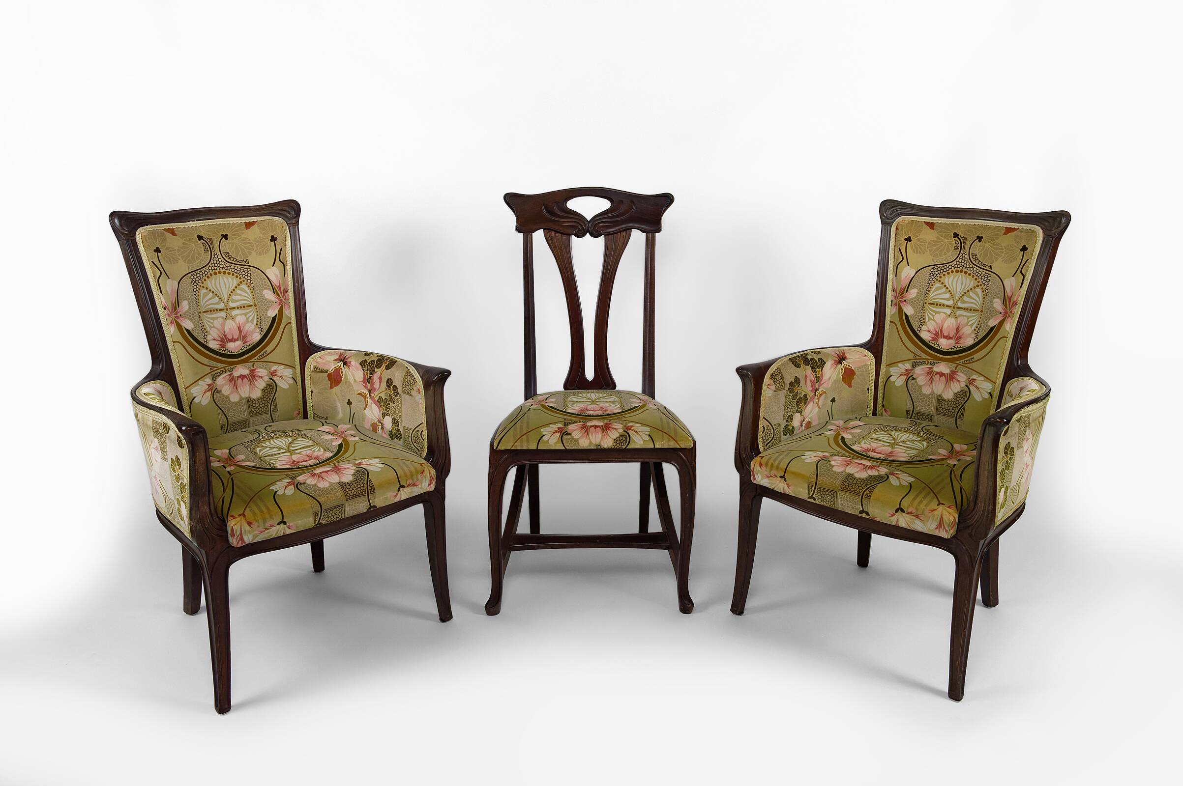 Art Nouveau living room 3 elements, 2 armchairs and 1 chair, France, Circa 1900