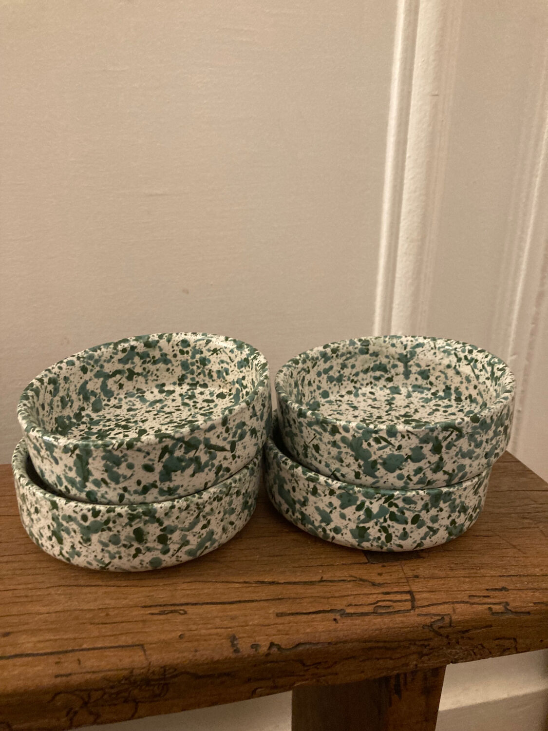 4 green speckled ramekins