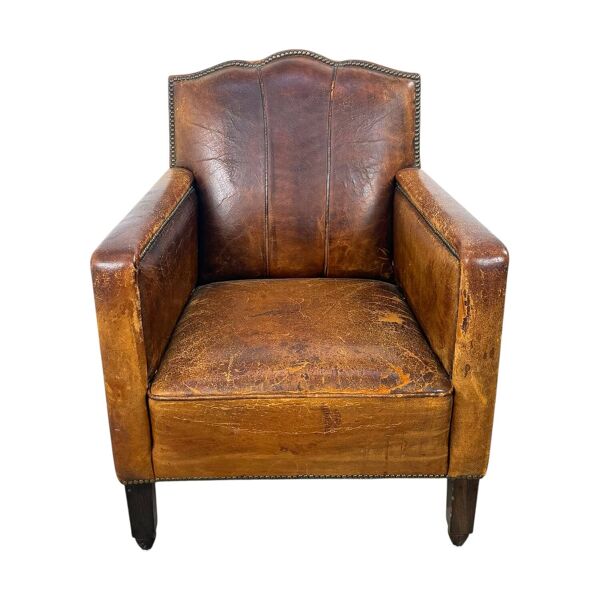 Fauteuil Moustache Français Antique – Fauteuil Club en Cuir Cognac – Début du 20ème siècle