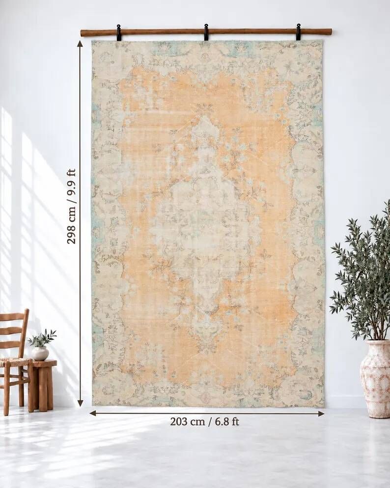 7x10 Vintage Turkish Rug, Orange Beige Floral Rug, Faded Wool Cotton Area Rug