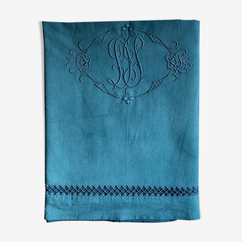 Drap ancien en lin et coton teinté en bleu caraïbe