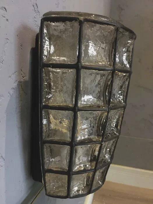 Glashütte Limburg wall light, textured glass in a metal grid, 1970s