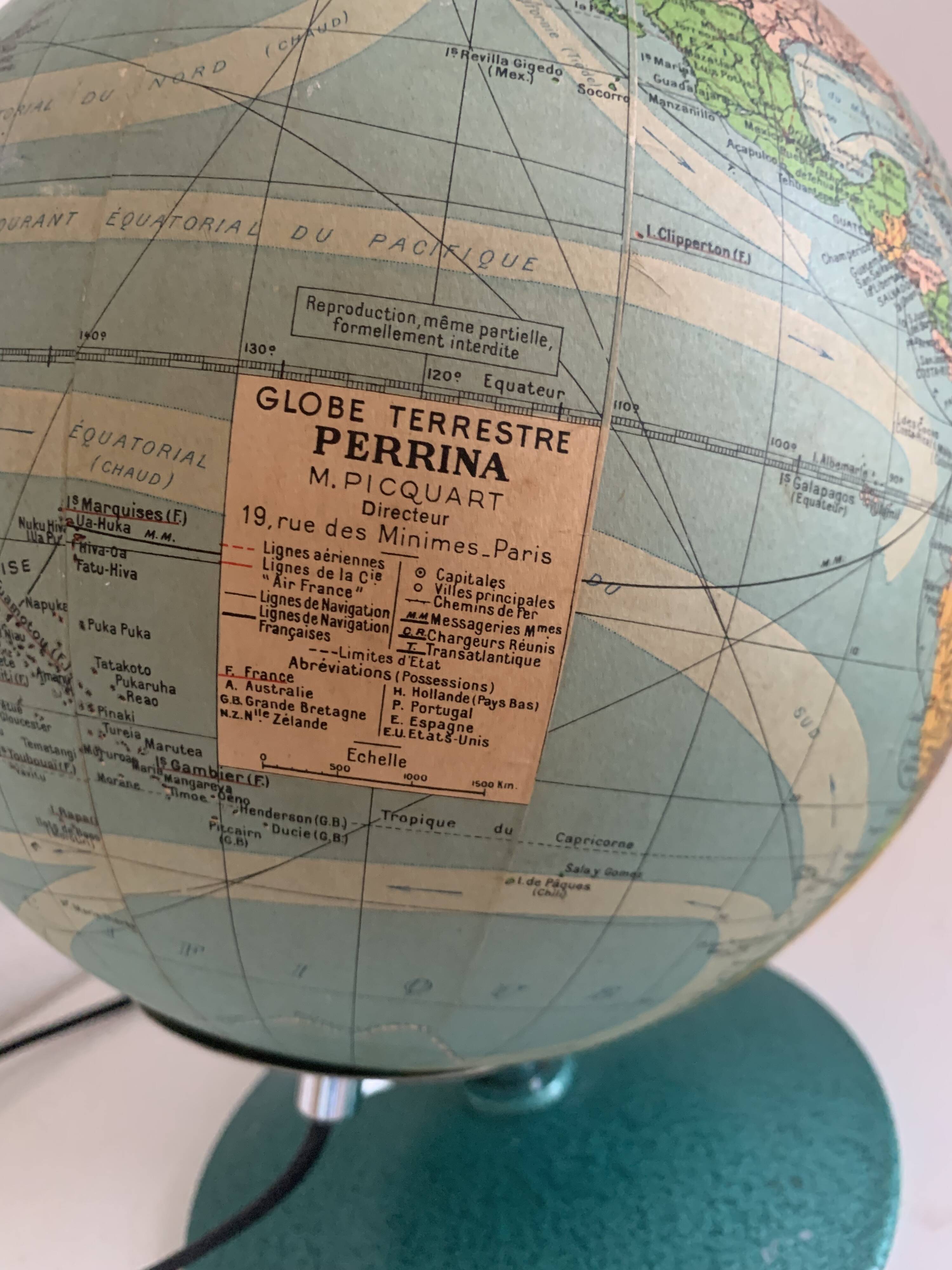 Vintage 1960s Perrina glass globe, green lacquered, world map - 33 cm