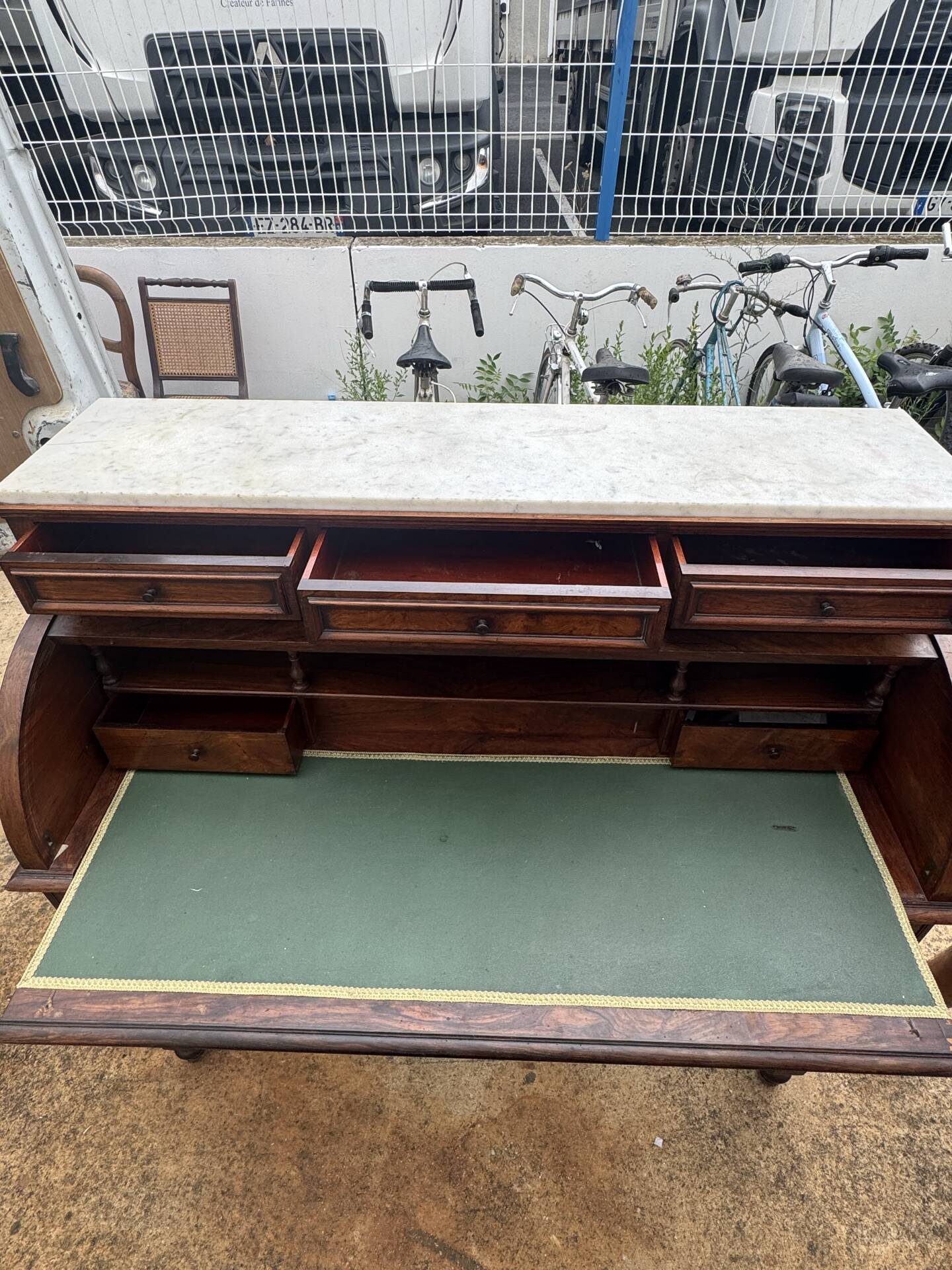 Secretary cylinder Mahogany white marble (Louis XVI style)