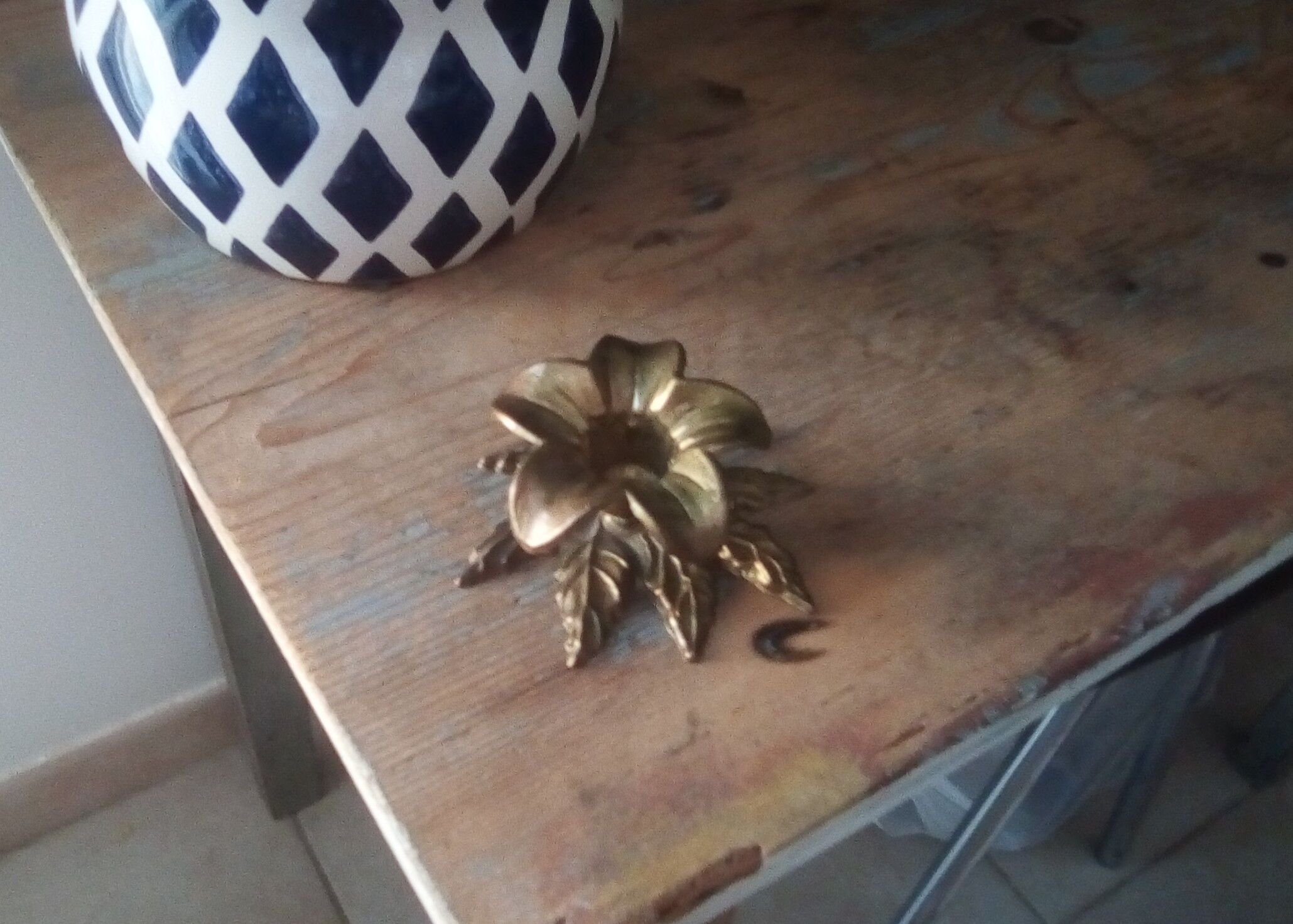 Vintage flower candlestick in chissed solid brass