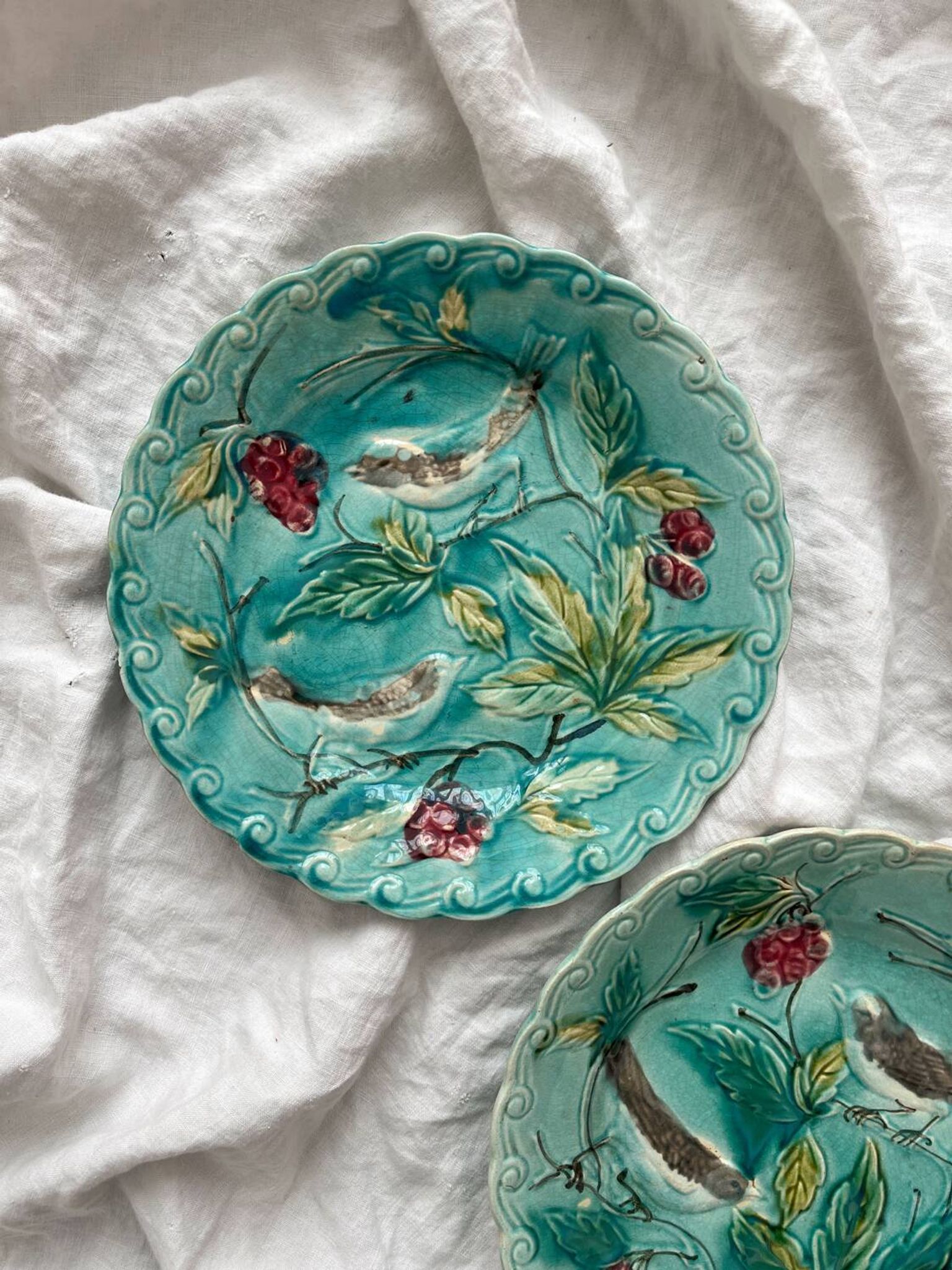 Two Onnaing barbotine bird plates, late 19th century